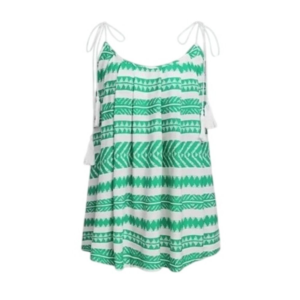 CUPSHE Green White Geometric Tribal Print Tassel Tie Shoulder Beach Cover Up Top